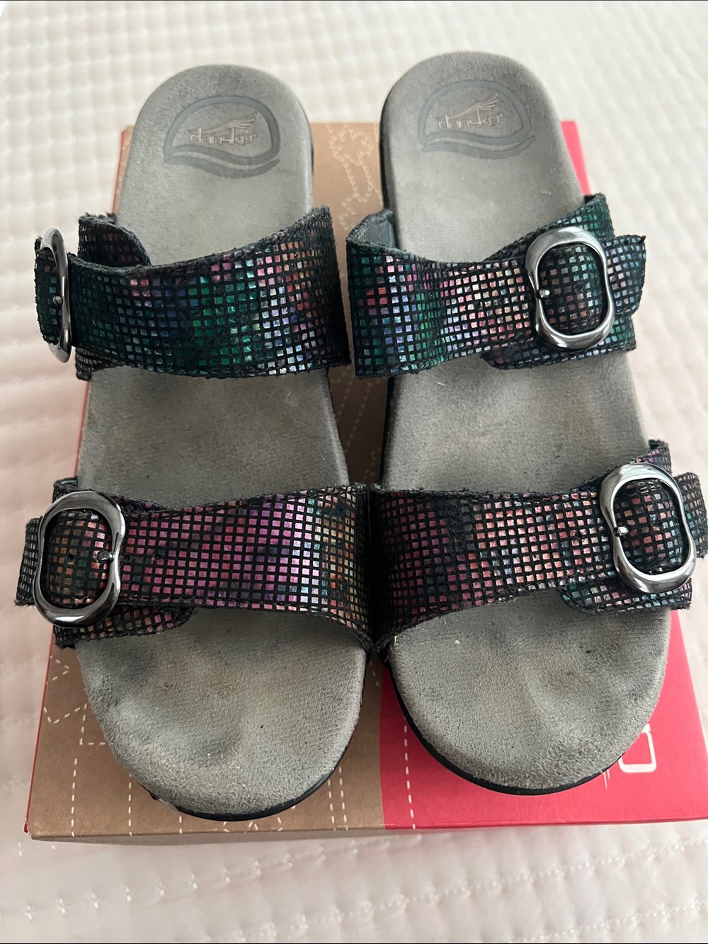 Dansko Multicolor Metallic Grid Leather Slide Sandals